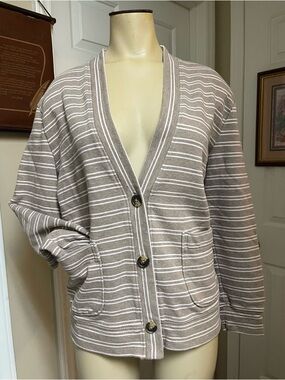 Striped Taupe & Light Pink V‑Neck Button Cardigan